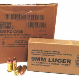 9mm 9×19 Ammo 115gr FMJ Remington Military LE Training (B9MM3) 500 Rounds